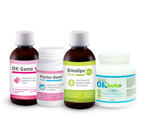 Activ Pack ( OK Beta+ 150 g, OK Gama 150 ml, Factor Base Kids 60 tbl, Emulips Forte XXL 120 ml.)