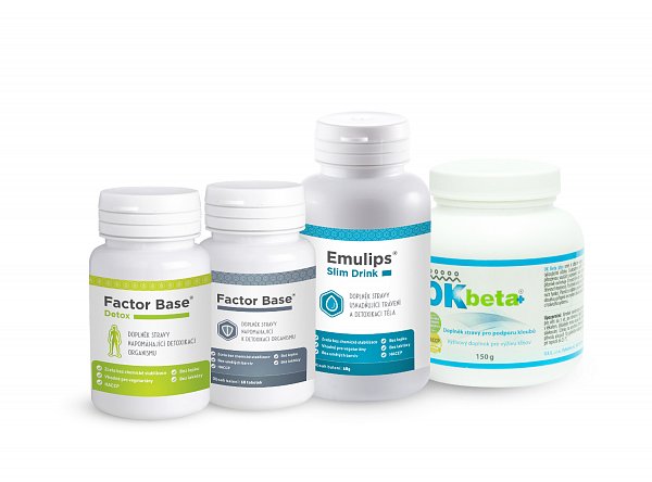 OKG Detox pack II | Komplexní pročištění organismu, Factor Base Detox 60 tablet, Factor Base 60 tablet, Emulips Slim Drink 60 g., OK Beta+ 150 g