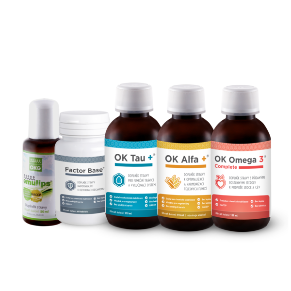 OKG Synergy pack ( Emulips 50 ml, OK Omega-3 Complete 120 ml, OK Alfa+ 115 ml, Factor Base 60 tbl, OK Tau+ 115 ml. )